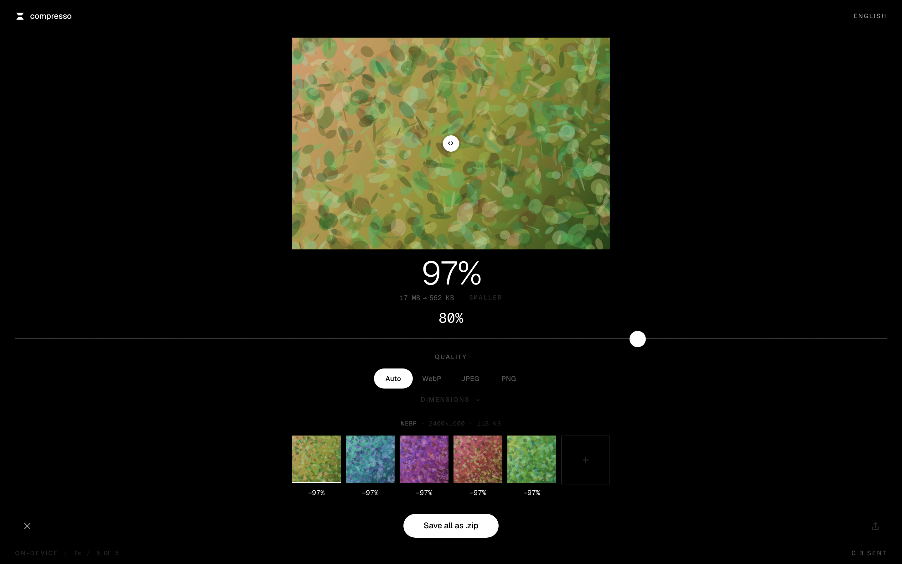 The Compresso app processing five images at once, with per file results and a combined total.