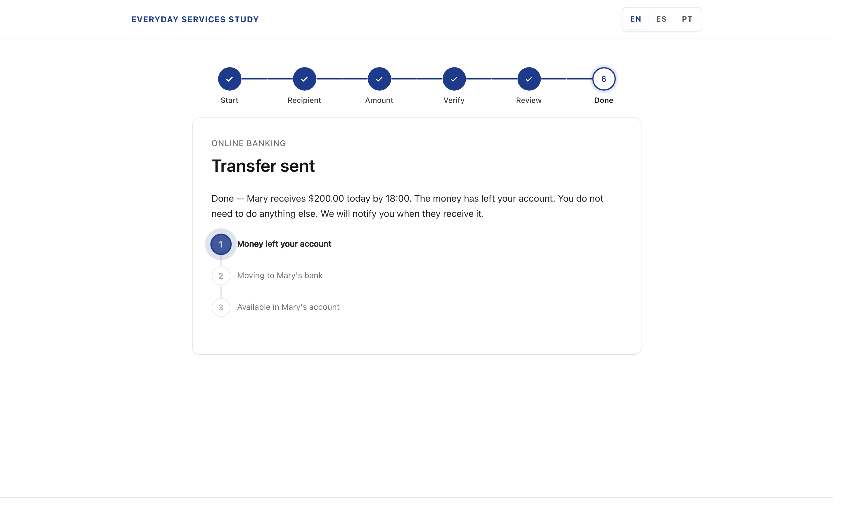 Desktop banking transfer result with vertical status stepper