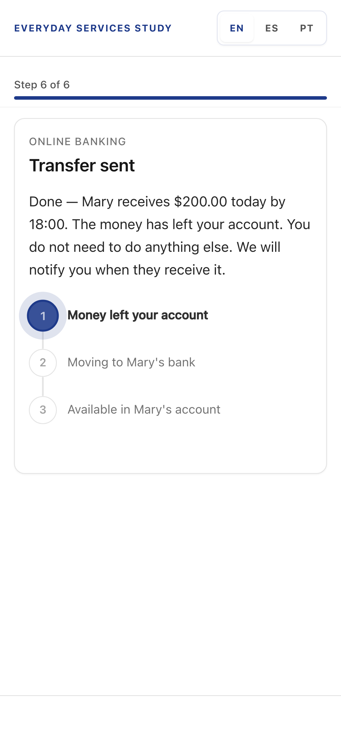 Banking transfer result screen in plain language English on mobile