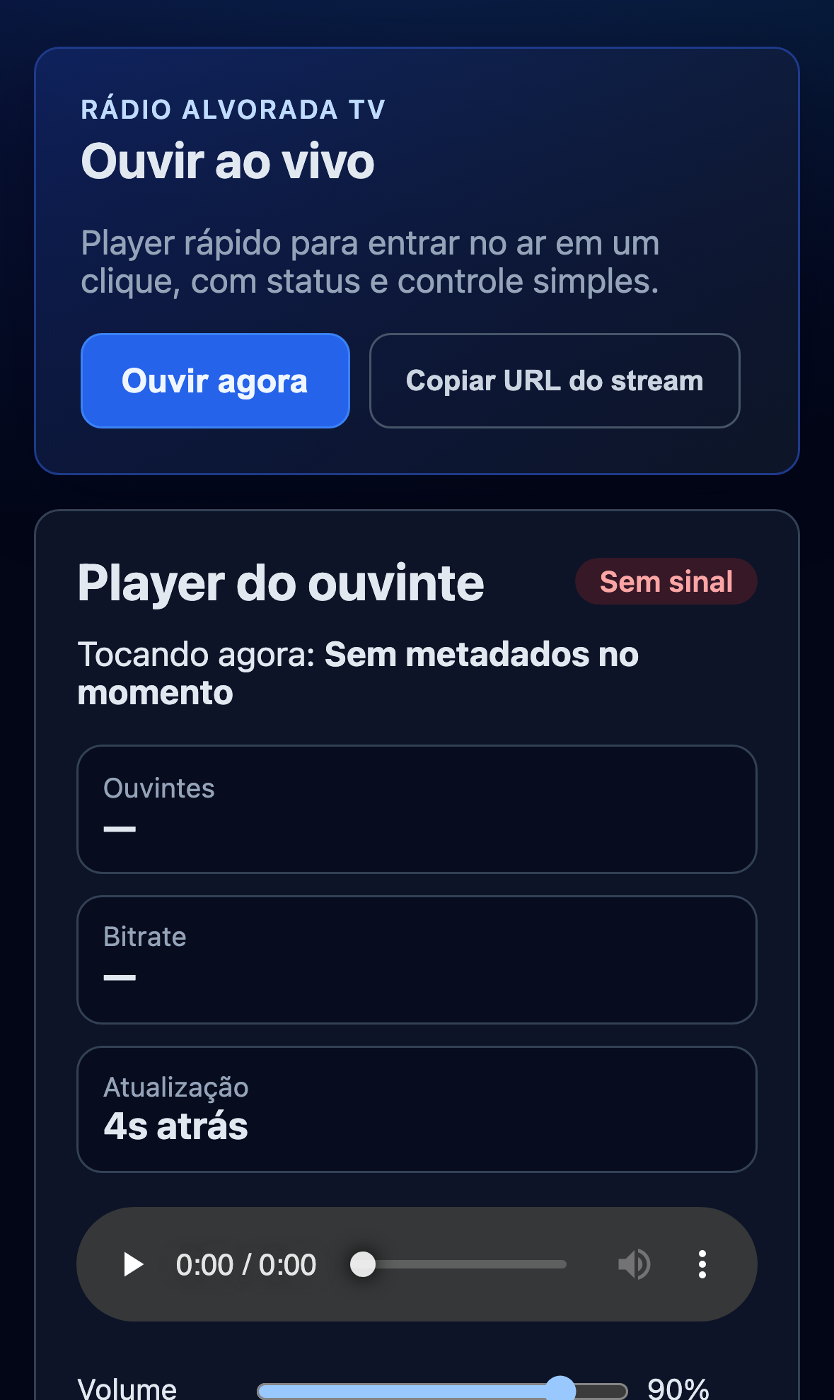 Mobile listener page showing off-air Sem sinal state when no Icecast source is connected