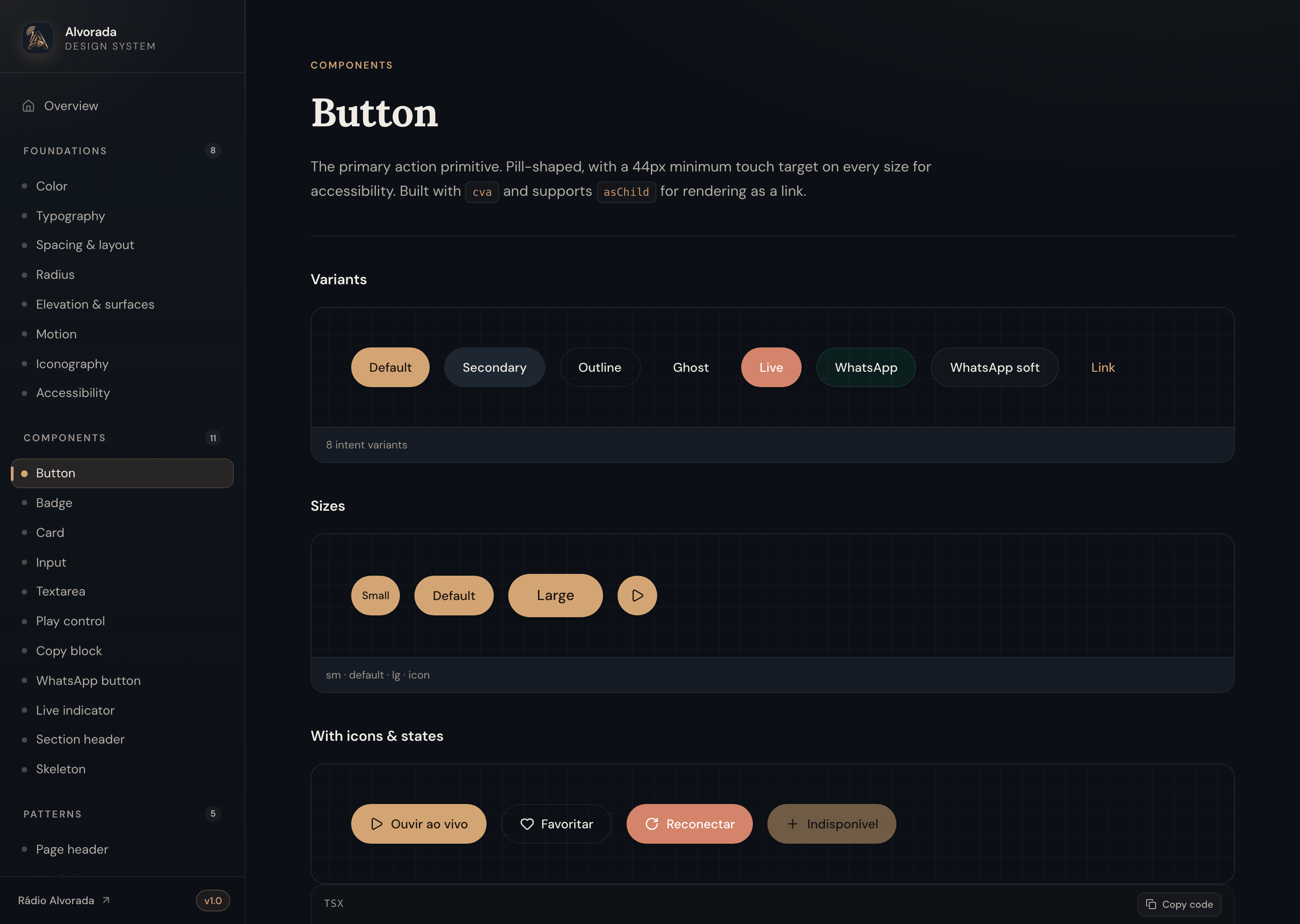 Button component page showing variants, sizes, and states
