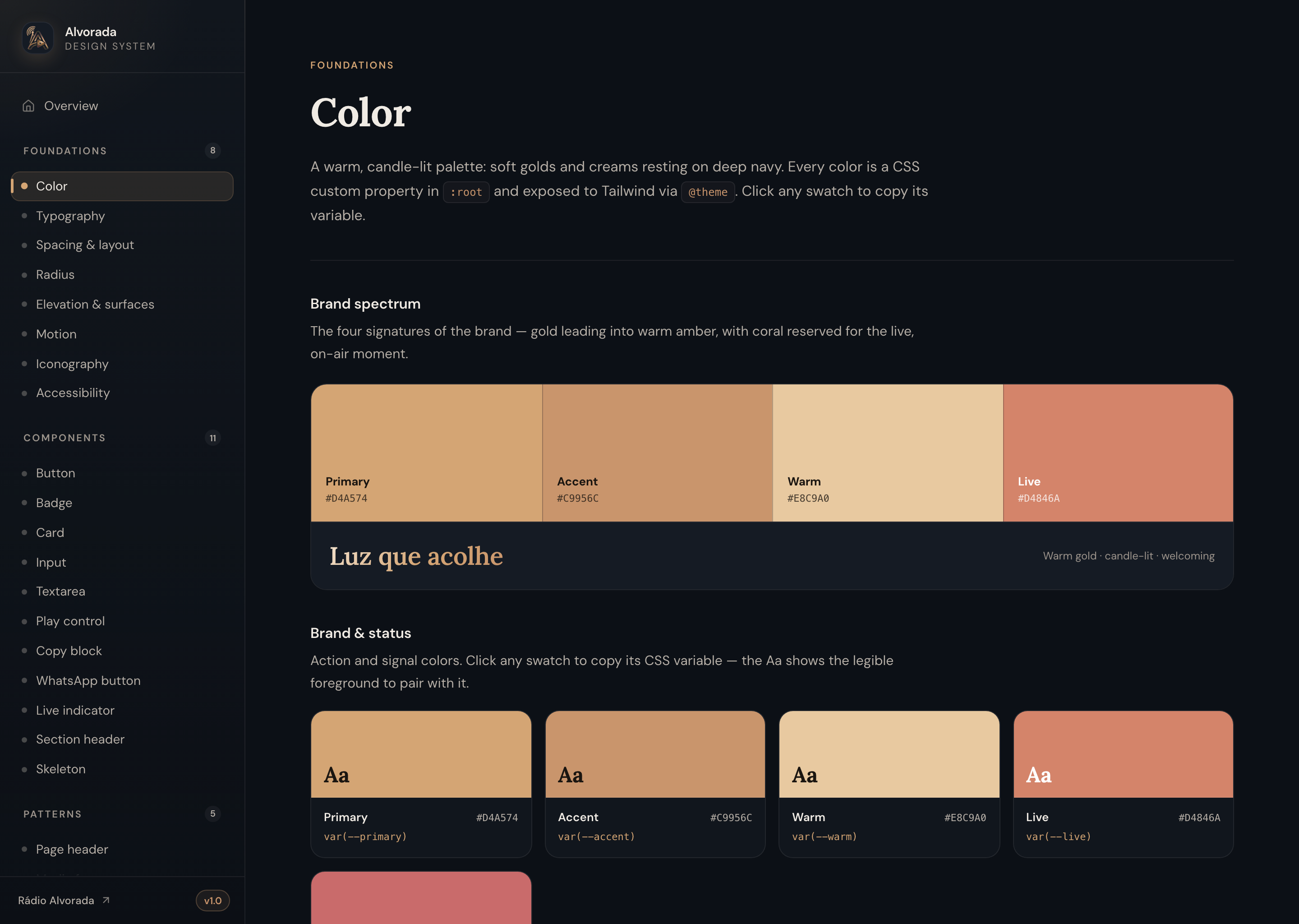 Color foundation page showing the brand spectrum band and interactive swatches with legible Aa samples